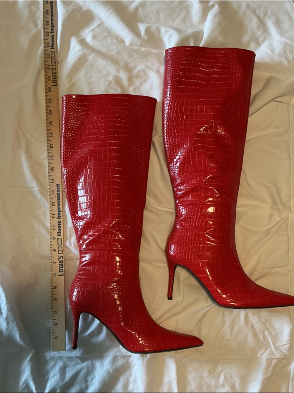 Red Croc-Embossed Knee-High Stiletto Boots - Women